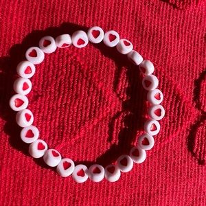 Beaded hand made bracelet, Red heart beads. Elastic band bracelets. White, red.